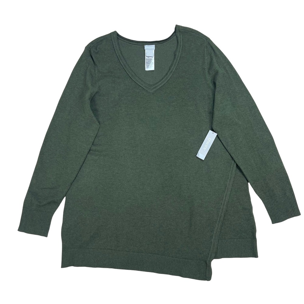 Chicos Womens V Neck Asymmetrical Forest Green Sweater Sz 3 XL Heritage Cabin